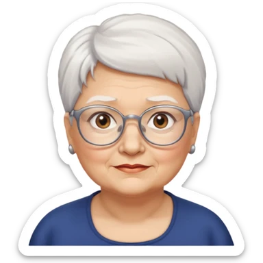 Create me emoji of an old mid-fat lady. Short white hair to left side. Square glasses. Brown eyes. No earings sticker
