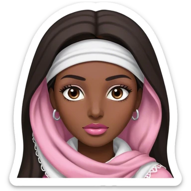 A woman with long, dark hair wears white keffiyeh, giving her a graceful and cultural look. Her makeup is well-done, with defined eyebrows and soft pink lips, enhancing her striking features. The dim lighting and blurred background create a warm, intimate atmosphere. sticker