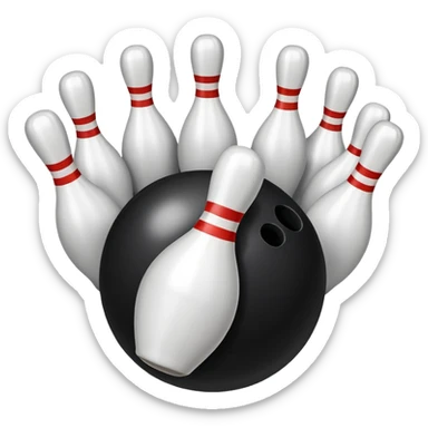 A bowling ball rolling down the lane towards a set of pins, with the pins poised to fall. The scene is set in a bowling alley with bright lights and a polished wooden floor, capturing the excitement and precision of the sport. sticker