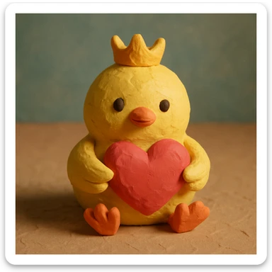 A baby chick holding a heart, claymation style, with a tiny crown sticker