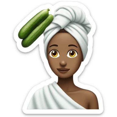 Girl with towel on her head and cucumbers on her eyes sticker