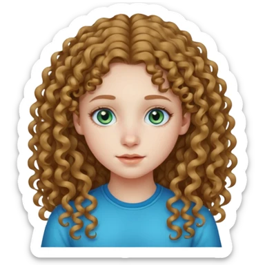 A teenage girl with curl longgg hair and a middle part with blue green eyes and a small nose with pale skin sticker