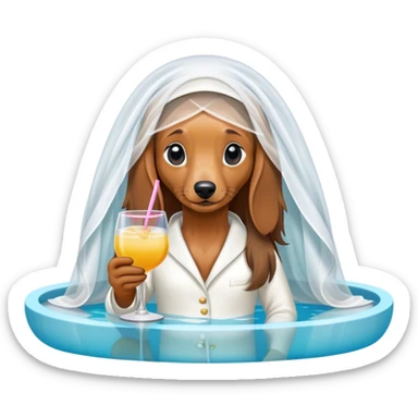Long haired dachshund wearing wedding veil next to pool and holding a cocktail sticker