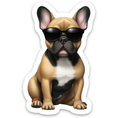 French bulldog with black body and ears and tan paws and belly with sunglasses sticker