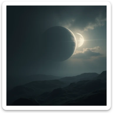 photorealistic image of a distant planet with a dystopian sci-fi atmosphere, dramatic crescent shadow, dark and moody space background sticker
