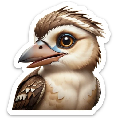 Cinematic Comical Kookaburra Portrait Emoji, Head tilted dramatically with an exaggeratedly amused expression, featuring a strikingly patterned brown and cream plumage with wide, expressive eyes filled with playful disbelief, Simplified yet hilariously expressive features, highly detailed, glowing with a slightly sassy glow, high shine, dramatic yet playful, stylized with an air of cheeky bushland mischief, bright and endearing, soft glowing outline, capturing the essence of a spirited and over‐the‐top kookaburra, so meme‐worthy it feels like it could cackle its way into internet fame instantly! sticker