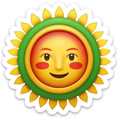 A flat emoji-style icon with three horizontal stripes: red on top, white in the middle, green on the bottom. A bright golden sun in the center with exactly 21 evenly spaced rays. Simple shapes, bold colors, no text, no gradients, transparent background, clean system-emoji look. sticker