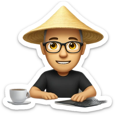 A memoji-style man, wear nearsighted glasses, a traditional Vietnamese conical hat , black shirt, sitting at a desk, a cup of coffee on desk, typing on keyboard, laptop with a logo styled as '</>' in front front sticker