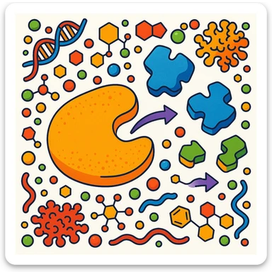Ultra-detailed scientific illustration  (like in a school book) of enzyme digestion. Macro molecular view, clean white background, no text, no human figures or cartoon characters. Purely biological focus and really detailed and surrounding sticker