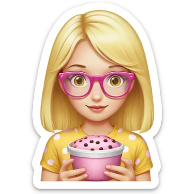 a girl with long lashes, long blonde hair, wearing "yellow polka dot t-shirt", wearing pink glasses, holding a pudding sticker