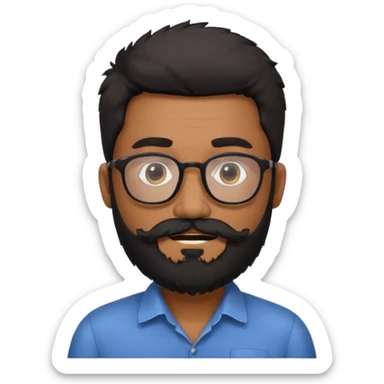 Indian software developer with beards and specs, with few white hairs in mostly black beard and hair. Hair fluffy and back brushed. Mustache and beard not neatly done sticker