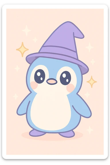 cartoon penguin wizard, pointy hat, sparkles, enchanting atmosphere sticker