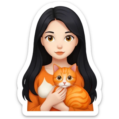 girl with long black hair holding an orange cat sticker