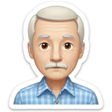 Skinny man in his 70s with fair skin. Long narrow face. Gentle light brown eyes. Fine straight white hair with light bangs, hair length extends below the ears. Thin eyebrows. White goatee connected to mustache. Slender appearance. Wearing a light blue and beige checkered button-up shirt. sticker