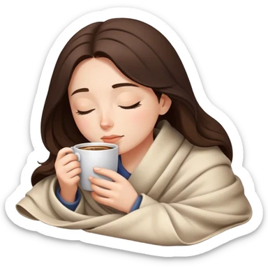 girl inside a blanket sipping coffee eyes closed, brunette with fair skin sticker