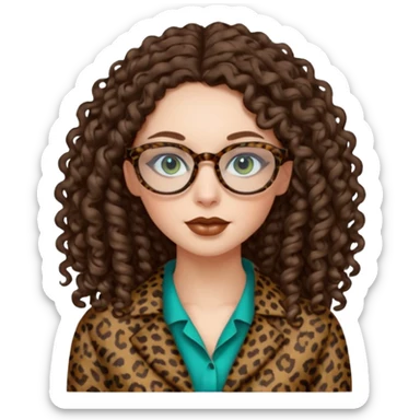 a blue green eyed woman with very very long brunette curly hair, full lips,and pale skin. She is wearing a leopard printed thin round-ish glasses . She is wearing brown clothes. sticker
