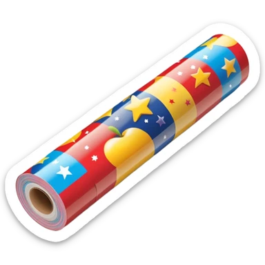 long cylindrical roll of glossy wrapping paper, partially unrolled, colorful pattern with stars, stripes, festive motifs, smooth reflective finish, crisp edges, visible cardboard tube at center, no scissors tape or ribbon, apple emoji style, soft lighting, subtle shadows, emoji scale sticker