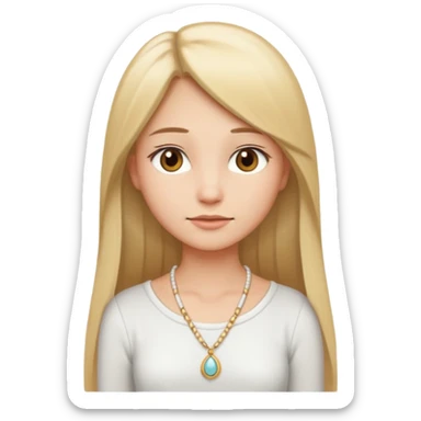 "Cartoon emoji of a girl with long, straight blonde hair, fair skin, soft brown eyes. Wearing a white top with a delicate necklace, serene expression, calm and peaceful. Smooth, simple, stylized." sticker