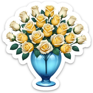 Large display of yellow and white roses in a blue vase. sticker