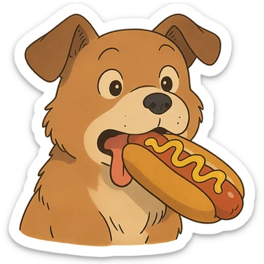 dog eating a sussy hot dog in ghibli style sticker