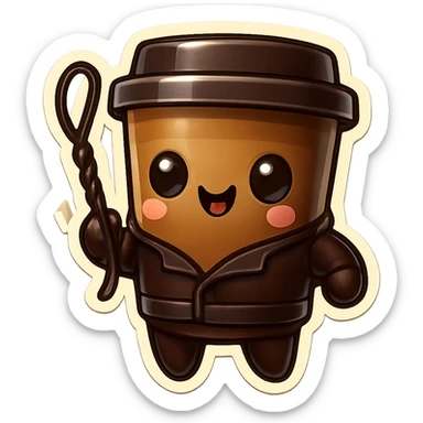 Tall coffee cup, dressed in leather holding a whipping crop sticker