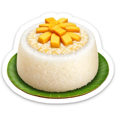 cinematic-realistic-mango-sticky-rice-dessert-emoji,-showcasing-sweet-sticky-rice out of a mould-paired-with-ripe-mango-slices-and-coconut-milk-rendered-with-lifelike-detail-and-warm,-inviting-lighting with the coconut  milk over the rice sticker
