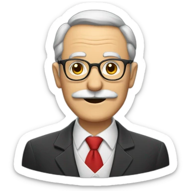 smiling old man wearing a big gray mustache, thin glasses, a red shirt and a black tie sticker