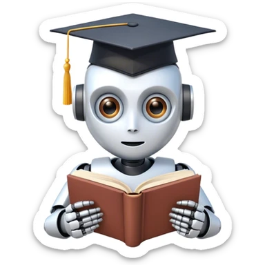 Ai  robot reading a big book with graduation head sticker