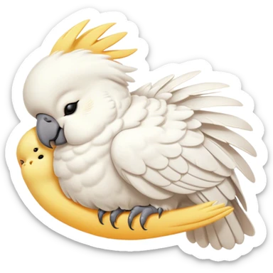 Meme-Worthy Cute Sleeping Cockatoo Portrait Emoji, Head resting peacefully with a contented smile, showcasing a softly feathered body with a gently drooping crest and eyes closed in serene slumber, Simplified yet adorably endearing features, highly detailed, glowing with a soft, drowsy tropical light, high shine, relaxed and utterly lovable, stylized with an air of playful laziness, soft glowing outline, capturing the essence of a sleeping cockatoo that feels destined to become the next viral icon of adorable rest! sticker