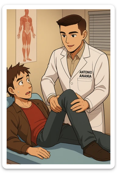 fai un webtoon manga a colori con questo stile, in cui un uomo è steso sul lettino medico e il kinesiologo con il camice bianco (fagli anche la scritta "ANTONIO ANANIA" SUL CAMICE, gli solleva una gamba per fargli il test neuromuscolare, IL KINESIOLOGO SPIEGA ALL'UOMO UNA cosa mentre gli alza la gamba. non fare i fumetti però, fai solo in modo che sembri stiano parlando, il lettino fai in modo che si veda tutto intero sticker