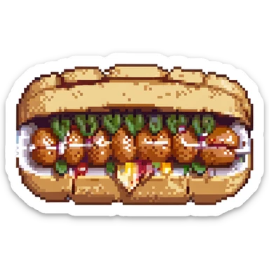 pixel art of a chipa split open with a sausage inside, fun and silly sticker