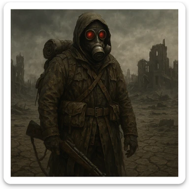 rugged survivor in a gas mask, red eyes, carrying worn gear, desolate wasteland setting sticker