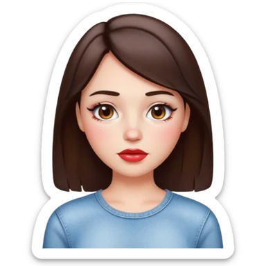 “Emoji brunette girl white top, dewy skin, heavy blush across cheeks and nose bridge, glossy cherry lips, soft eyeliner, teary sparkling eyes like hanni from new jeans sticker