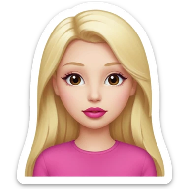a girl with long eyelashes a pink outfit, long blonde hair, and big lips with red lipstick sticker