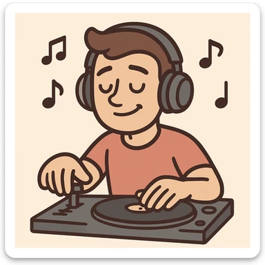 DJ icon, modern flat design, headphones, music notes, clean lines sticker