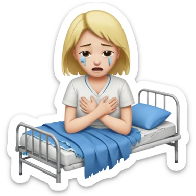 Mulher jovem chorando muito em cima de uma maca de hospital com as roupas rasgadas sticker
