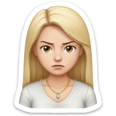 Cartoon emoji of a girl with long, straight blonde hair, fair skin, soft brown eyes. Wearing a white top with a delicate necklace, angry facial expression, furrowed brows, slightly pursed lips. Smooth, simple, stylized. sticker