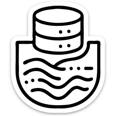 abstract minimalist outlined icon of database shapes intersecting with a basement motif, with abstract data streams of lines, dots, or waves, worn and distressed effect sticker