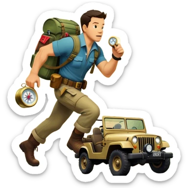 A vintage movie poster-style collage. Include action-packed elements like a treasure map, jungle scenes, a rugged explorer with a compass, and a speeding jeep. Add a shadowy figure resembling Mark Wahlberg in adventurous gear. Dramatic lighting, dynamic composition. Transparent background. sticker