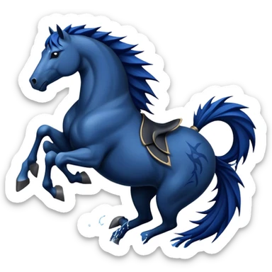 Ninja water horse, black horse body, dark blue watery accents, sharp spikes along mane and tail, fierce warrior pose sticker