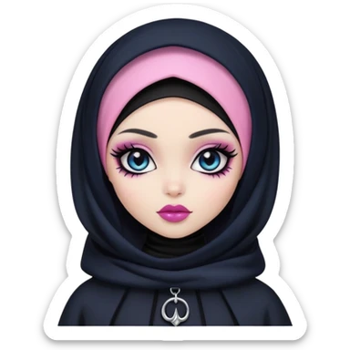 pretty bratz girl, black hijabi, dark blue eyes, pink lips, black eyeliner, pale skin, black gothic clothes sticker
