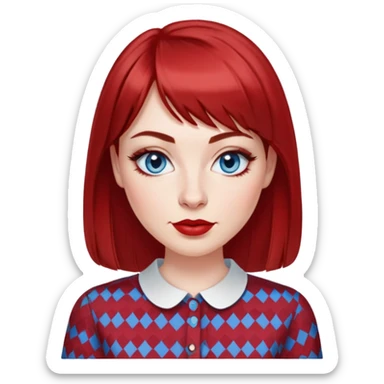 Woman in her 30s with clear white skin, oval face, large blue eyes with eyeliner, thin eyebrows, small nose, medium lips with red lipstick, dark red straight hair with bangs, wearing a red and white patterned shirt, friendly expression sticker