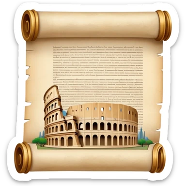 An icon featuring an ancient scroll, surrounded by famous historical landmarks and statues of notable figures, like the Colosseum or Napoleon. The design symbolizes the exploration of history through monuments and people. Transparent background highlights the pas sticker