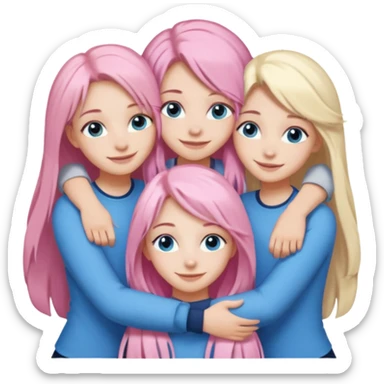 four white grips hugging and smiling    One girl with long light pink hair and blue eyes, one girl with blue eyes and light blonde hair, and 2 girls with brown eyes and long dark brown hair. sticker