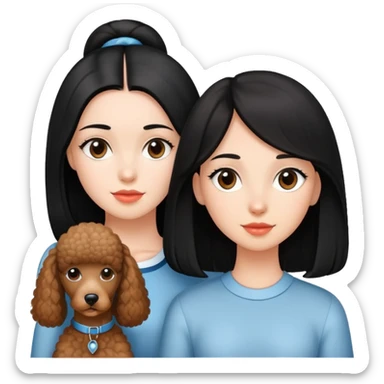 A beautiful and well-behaved girl with fair skin has long straight black hair and a brown Poodle. sticker