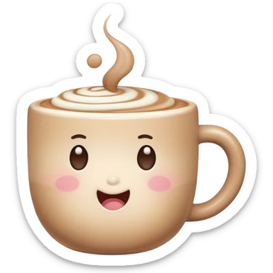 Cute Kawaii Coffee Cup, cozy and warm, a tiny swirl of steam shaped like a heart, round chubby face with a sleepy but content expression, soft pastel brown and cream colors, perfect morning vibes! sticker