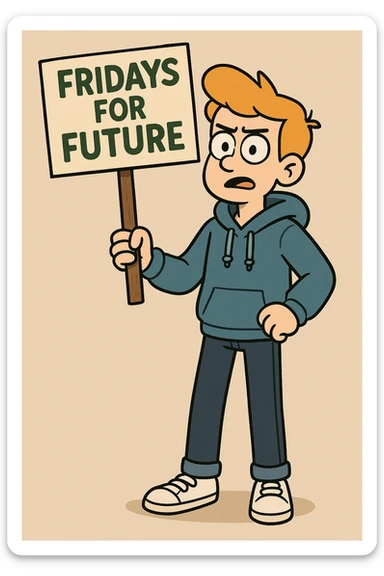  Fridays for Future a boy Yellow Orange hair blue jackets hoodie dark blue jeans white shoe  sticker