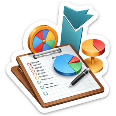 An icon featuring a pie chart, a clipboard with a checklist, and a megaphone, symbolizing management and marketing. The design includes upward-trending graphs and a target with an arrow, representing strategy and success. Transparent background highlights business organization and promotion. sticker