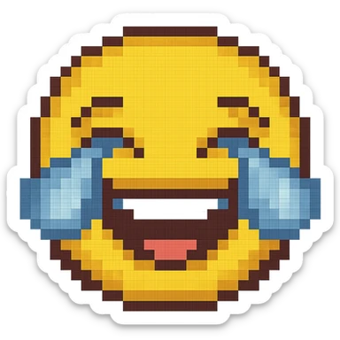 Create a cry-laughing emoji with large blue tears streaming from the eyes in pixel art style. The emoji should have no background and keep the original pixel art style look. sticker
