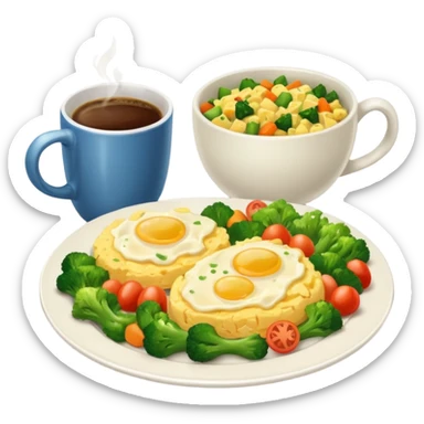 plate with eggs and veggies,  on the side one coffee in cute mug sticker